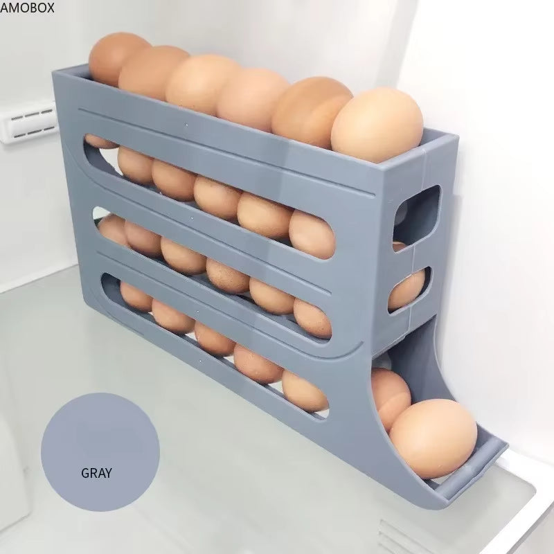 AMOBOX Eggs Holder for Fridge,4 Tiers Auto Rolling Fridge Egg Organizer,Space-Saving Egg Dispenser Holder,Holds 30 Eggs,Kitchen