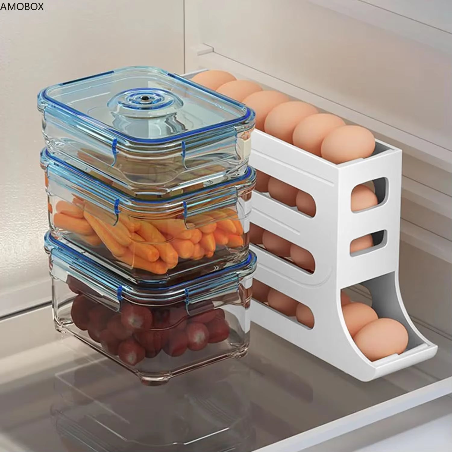 AMOBOX Eggs Holder for Fridge,4 Tiers Auto Rolling Fridge Egg Organizer,Space-Saving Egg Dispenser Holder,Holds 30 Eggs,Kitchen