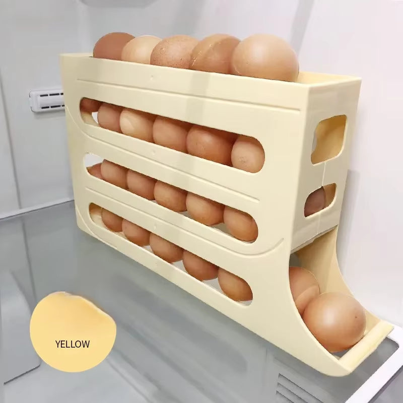 AMOBOX Eggs Holder for Fridge,4 Tiers Auto Rolling Fridge Egg Organizer,Space-Saving Egg Dispenser Holder,Holds 30 Eggs,Kitchen